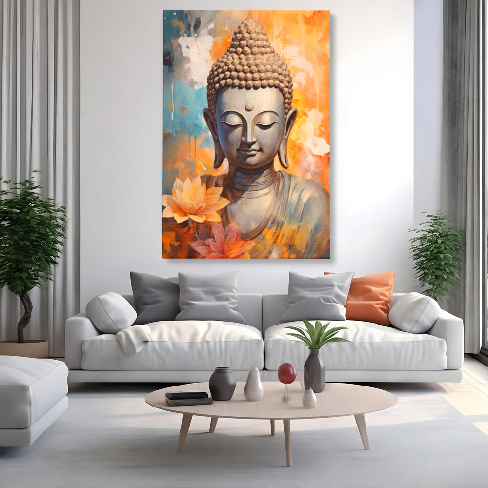 Tablou canvas cu tablou canvas cu buddha si flori de lotus, fara rama, pe sasiu de lemn, pe perete intr-un living